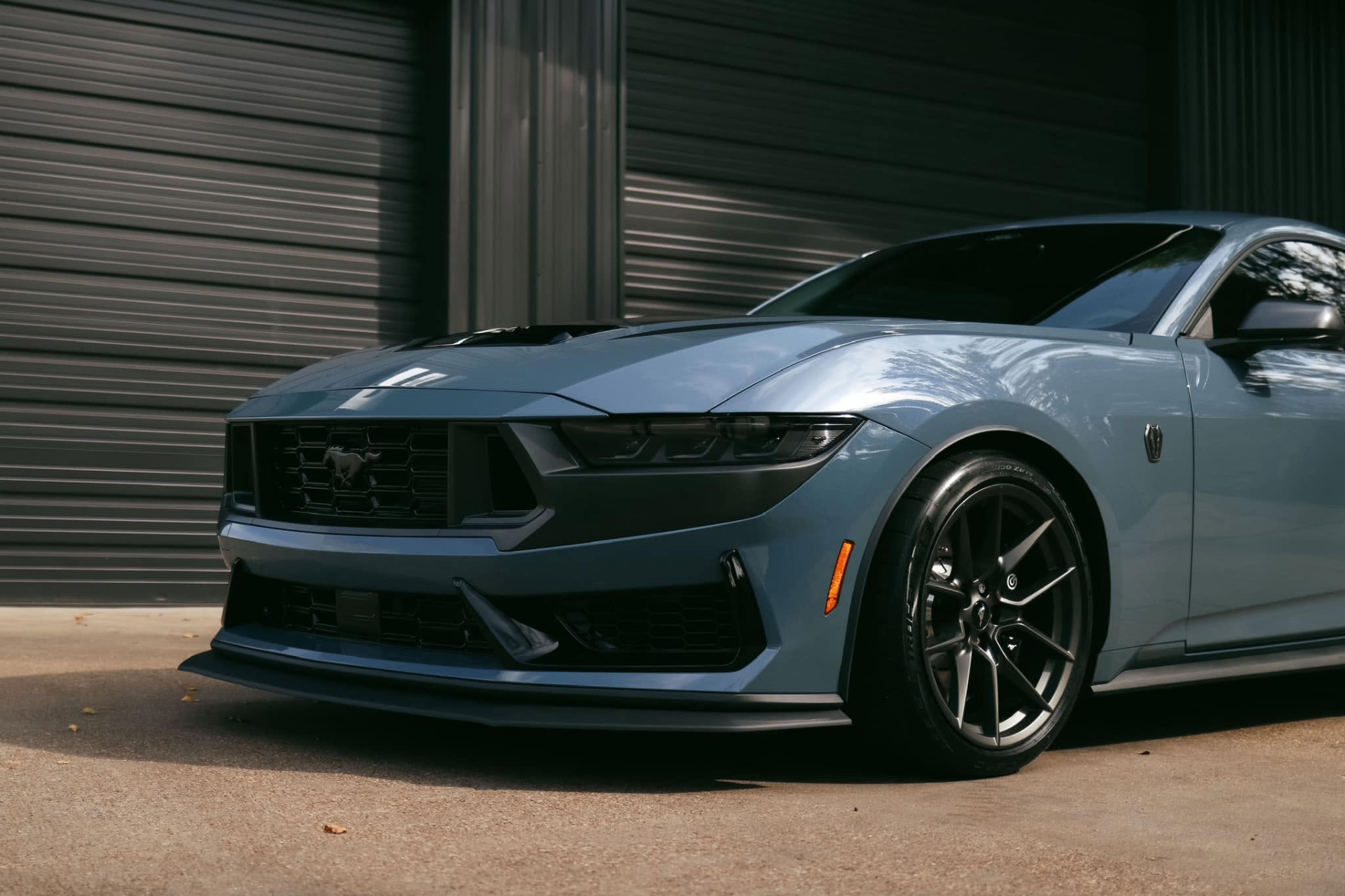 car detailing in Longview by SE Auto Solutions — Ford Mustang Dark Horse in gray — front-end show finish, Longview