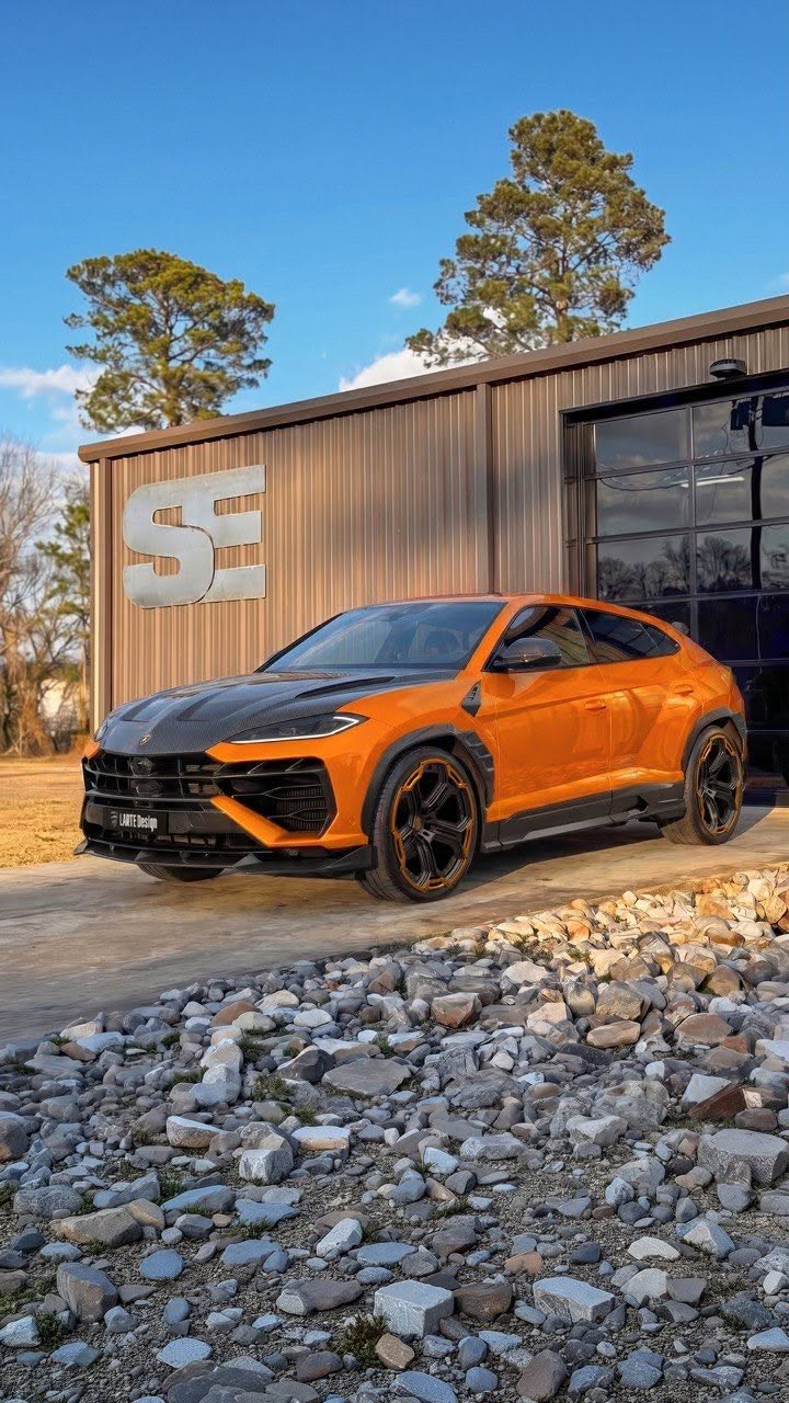 car detailing in Longview by SE Auto Solutions — Lamborghini Urus widebody in orange — front-end show finish at the SE shop, Longview