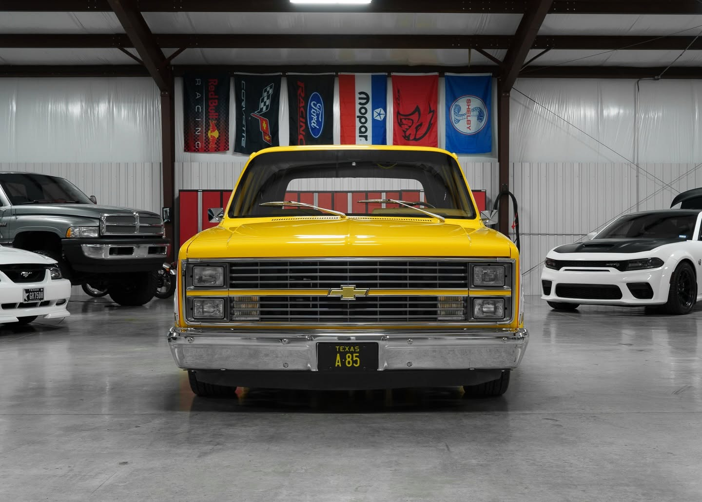 car detailing in Longview by SE Auto Solutions — Classic Chevrolet squarebody — front-end shine under shop lights, Longview